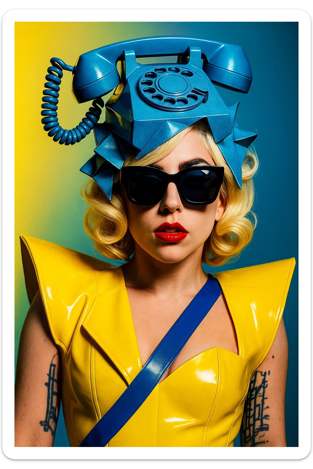 Lady Gaga in the Telephone video, wearing sunglasses and a telephone hat, dramatic pop fashion sticker