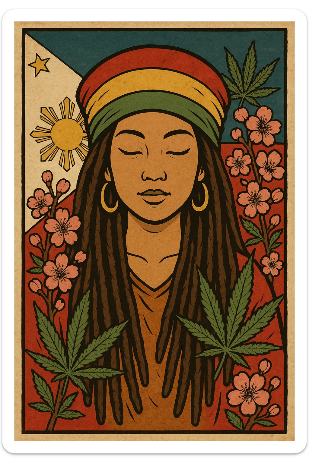 Vintage poster of an Asian Rasta woman with long dreadlocks, peaceful eyes, and a red-gold-green tam. Surrounded by cherry blossoms and ganja leaves. Background Asian flag. Retro reggae fusion vibe, with bold lines and aged paper texture. Philippines with the actual flag
 sticker