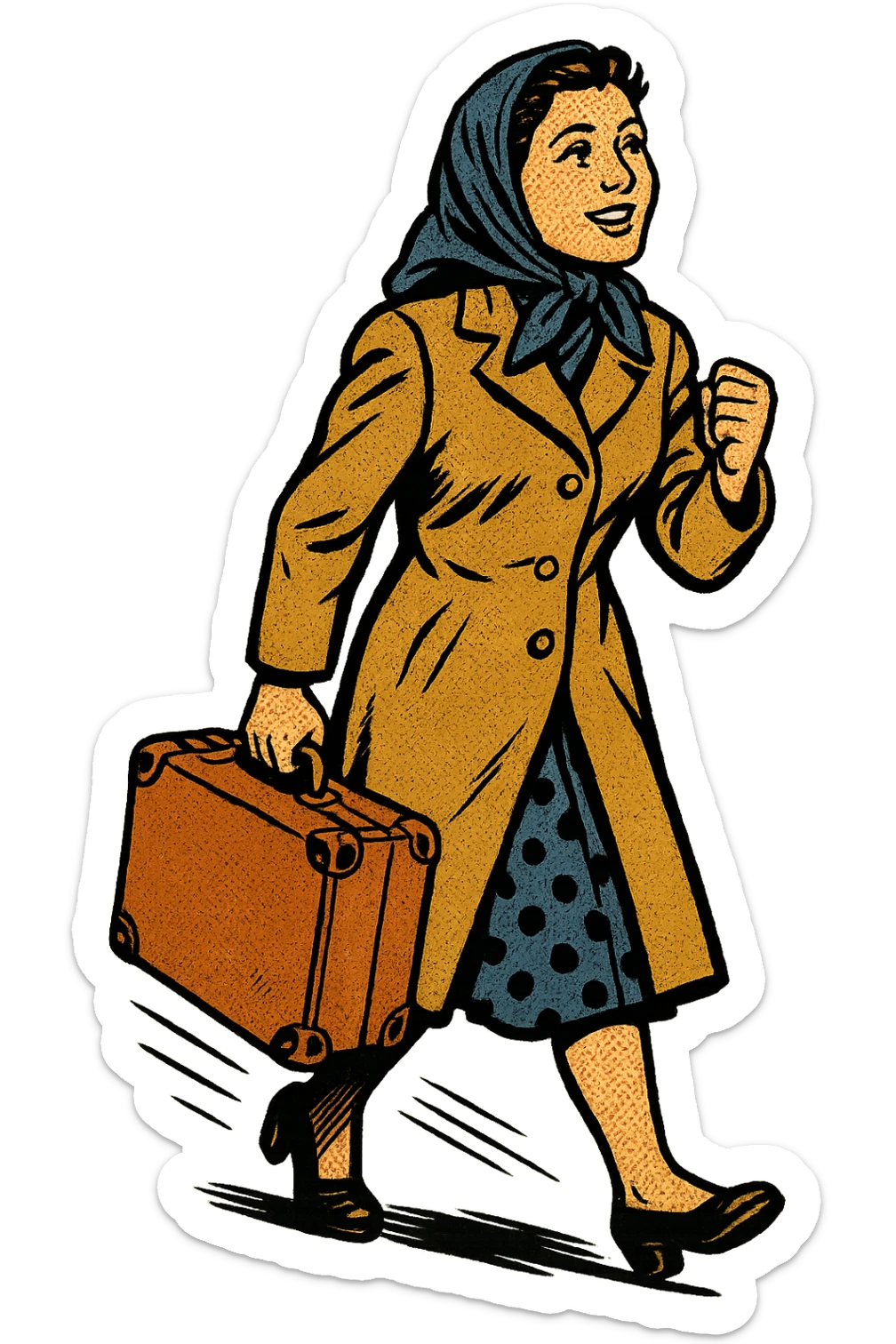 A refugee woman from Eastern Europe in the 1950s carrying with them a small old brown suitcase and looking hopeful sticker