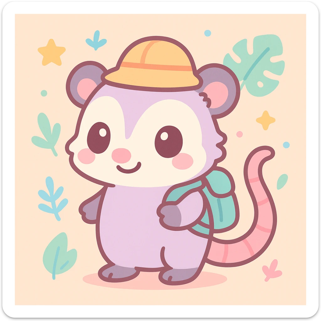 cute cartoon possum dressed up for a safari in the jungle, adorable and colorful kawaii style sticker