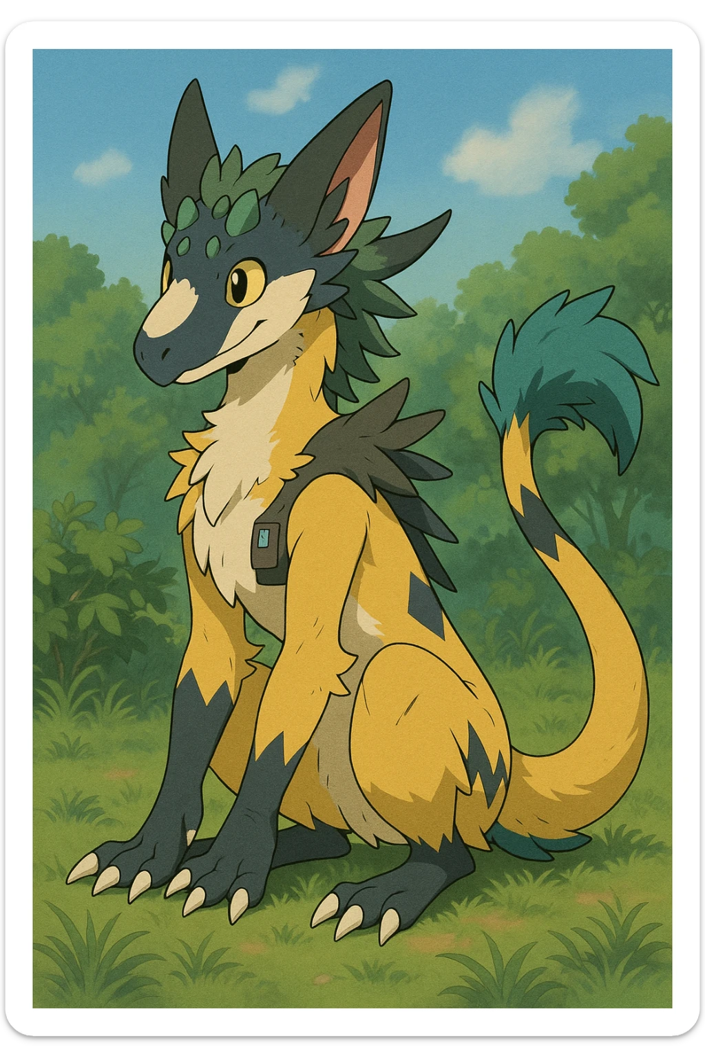 Sergal-Protogen-Trico-Zeraora-Vernid-fusion-hybrid-creature, drawn in a Pokémon/Digimon style sticker