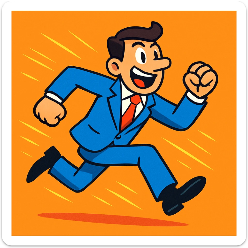 man in a business suit costume running, energetic, cartoon style, vibrant colors sticker