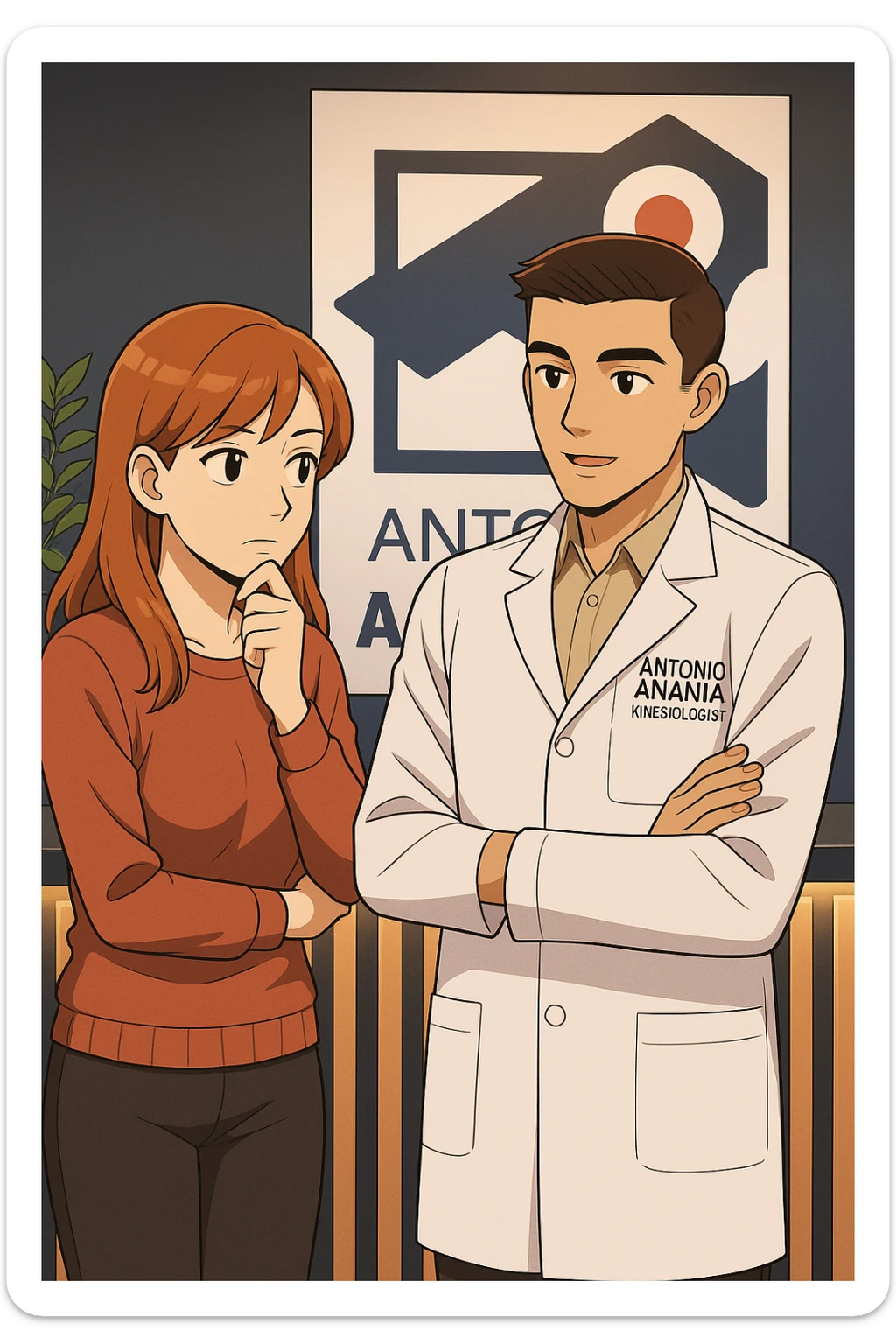 su questo stile fai un manga/webtoon a colori in cui una donna SI TOCCA IL MENTO CON L'INDICE MENTRE ASCOLTA PENSIEROSA L'UOMO, l'uomo della foto in stile manga LE SPIEGA CHE DEVE PROVARE LA SUA VALUTAZIONE MEDICA, mantieni un ambiente simile alla foto che ho allegato con il suo logo (sarebbe il suo studio, lui è un kinesiologo), scrivigli "ANTONIO ANANIA" sul camice bianco, non mettere fumetti, ma fai in modo che sembri che la donna ASCOLTI l'uomo sticker