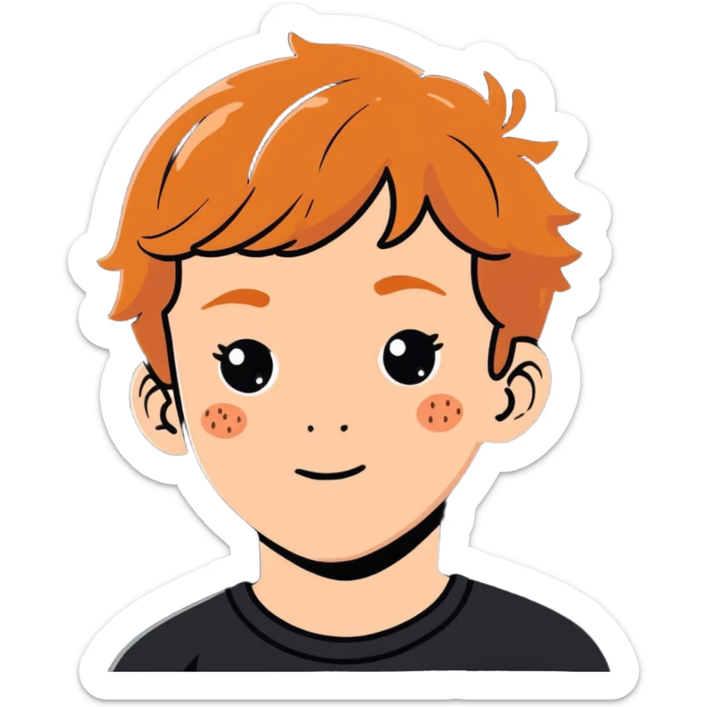 a strawberry blond boy with ginger freckles, cartoonish sticker style sticker