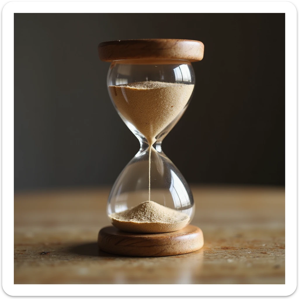 hyperrealistic 3D hourglass, 4K, glossy wooden base, fine sand inside, realistic lighting sticker