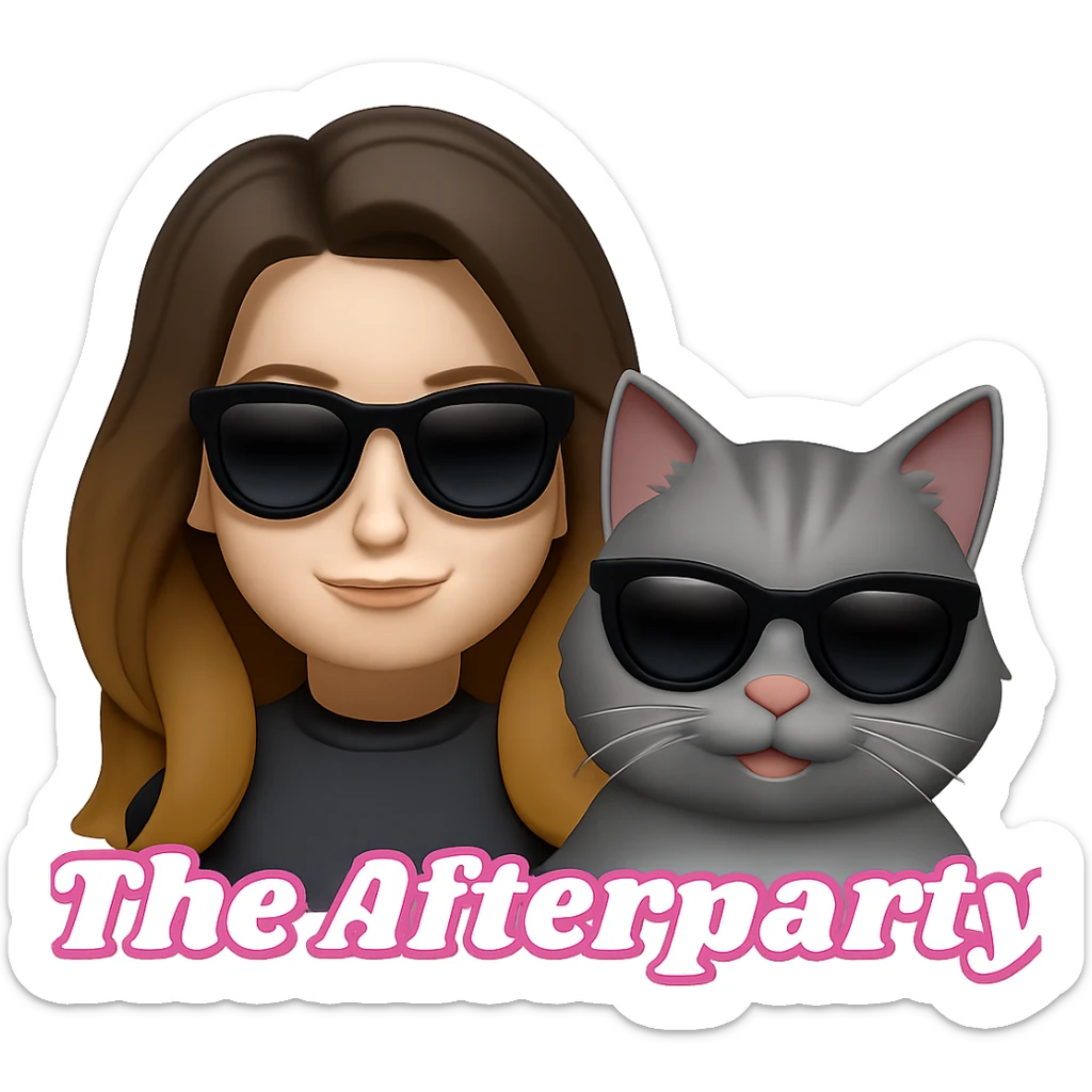 Change the woman's hair to brown ombre, keep everything else the same. The woman and the grey tabby cat are both wearing sunglasses, slightly smiling, and looking cool. Remove the background. The style should match the original image's look and feel. sticker
