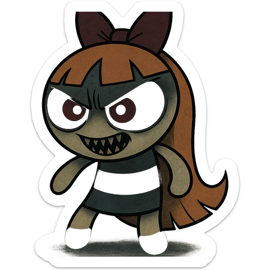Blossom from Powerpuff Girls, cartoon style, full body, scary and menacing expression, dark and eerie colors sticker