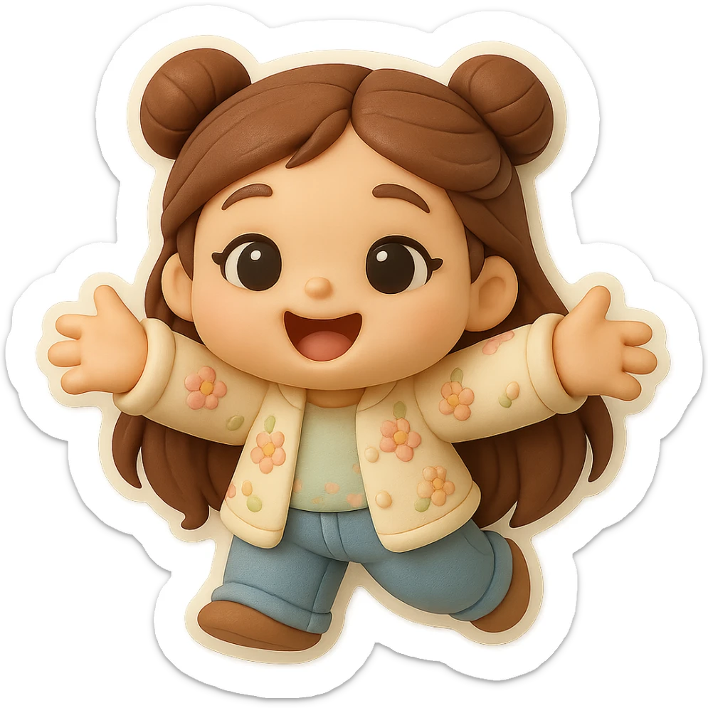 3D chibi fondant cake art style, high-quality rendering with smooth shadows and soft gradients. Girl based on reference image (preserve facial features), long brown hair in two space buns, brown eyes, jeans, pastel floral cardigan, thick white outline like a sticker, transparent background. Reaching out both arms for a joyful hug. Make sure her appearance matches previous stickers. sticker