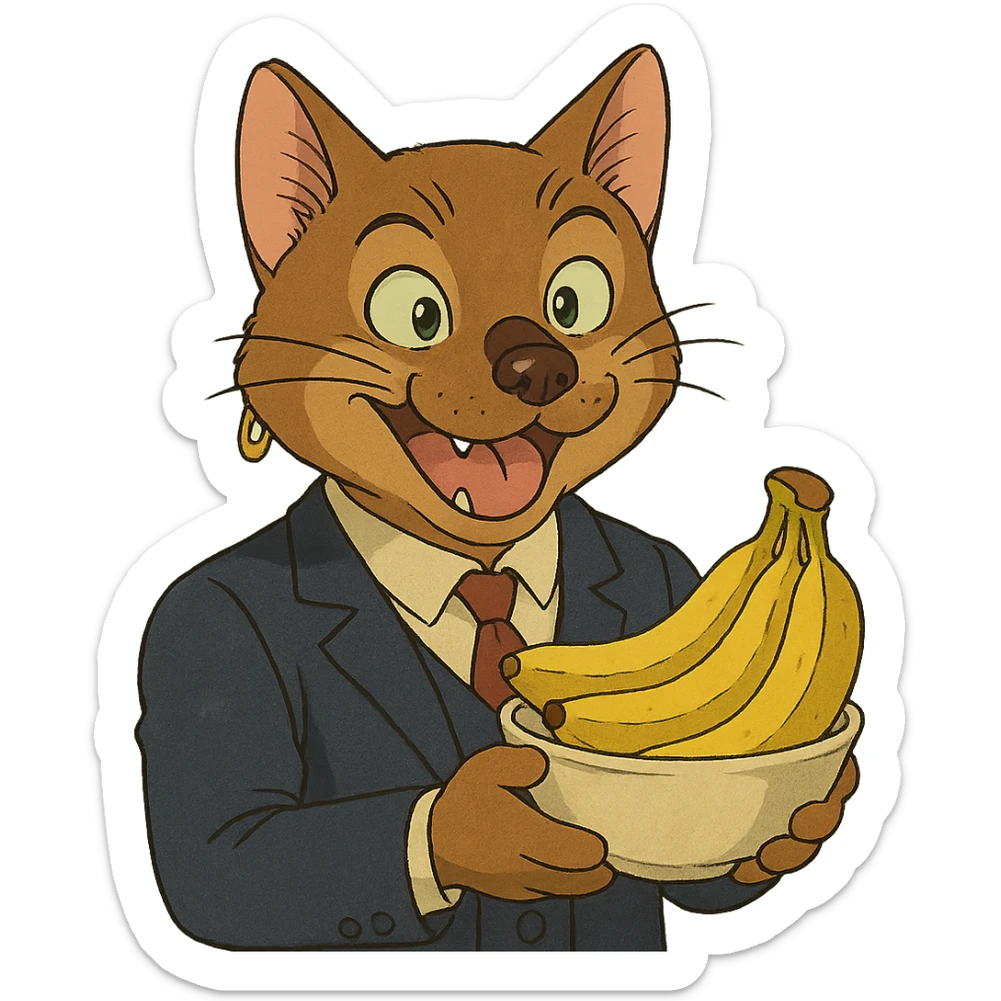 ghibli style cat with a dog nose, wearing a suit, earring, holding a cup of bananas, playful expression sticker