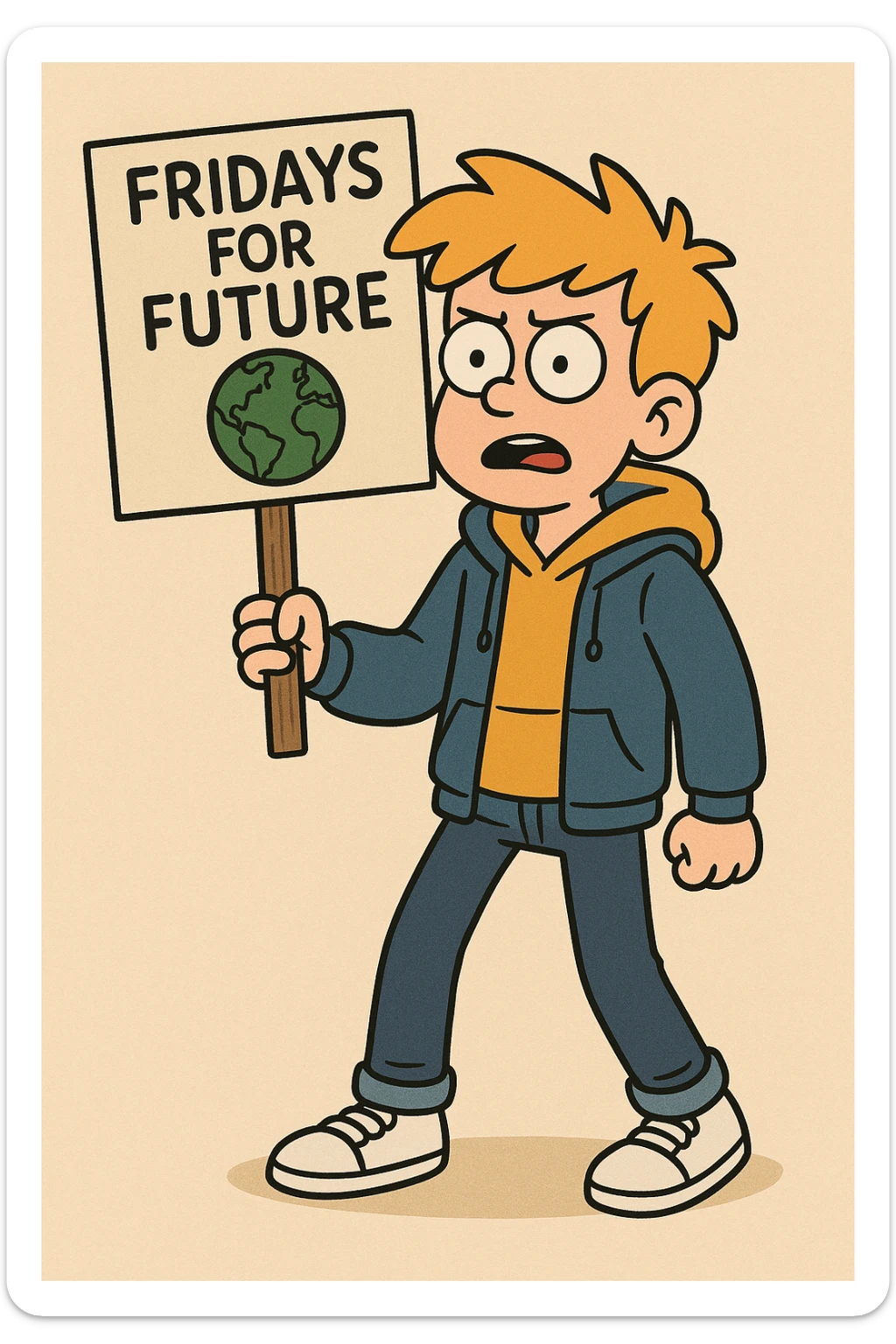  Fridays for Future a boy Yellow Orange hair shirts blue jackets hoodie dark blue jeans white shoe  sticker