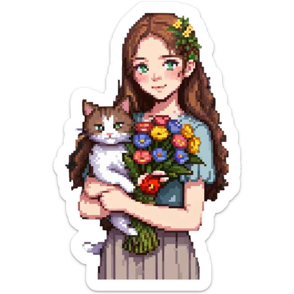A cool girl with long brown hair and fair skin tilts her head and holds a bouquet of flowers and a cat sticker