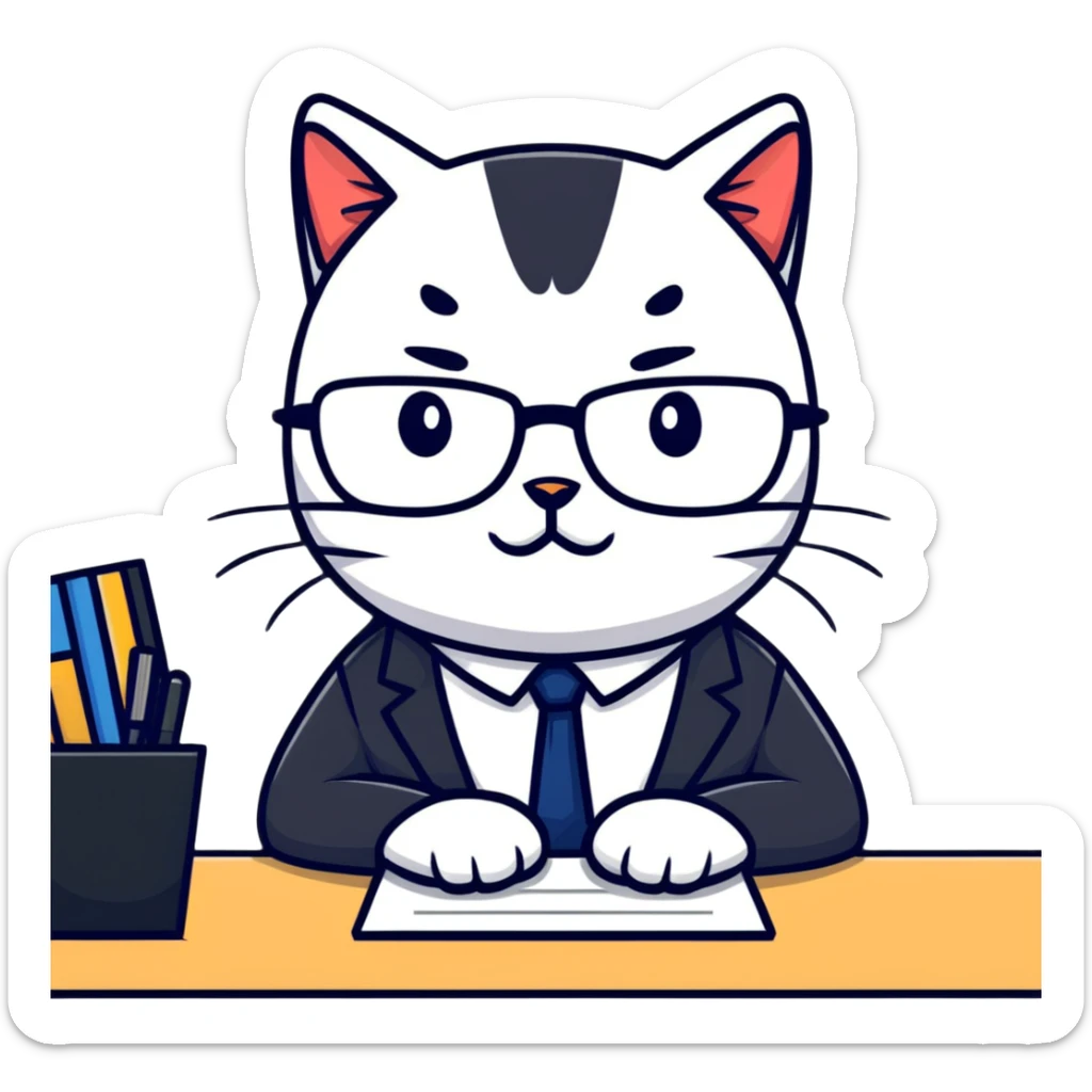 cat wearing glasses and business suit, sitting at office desk looking important sticker