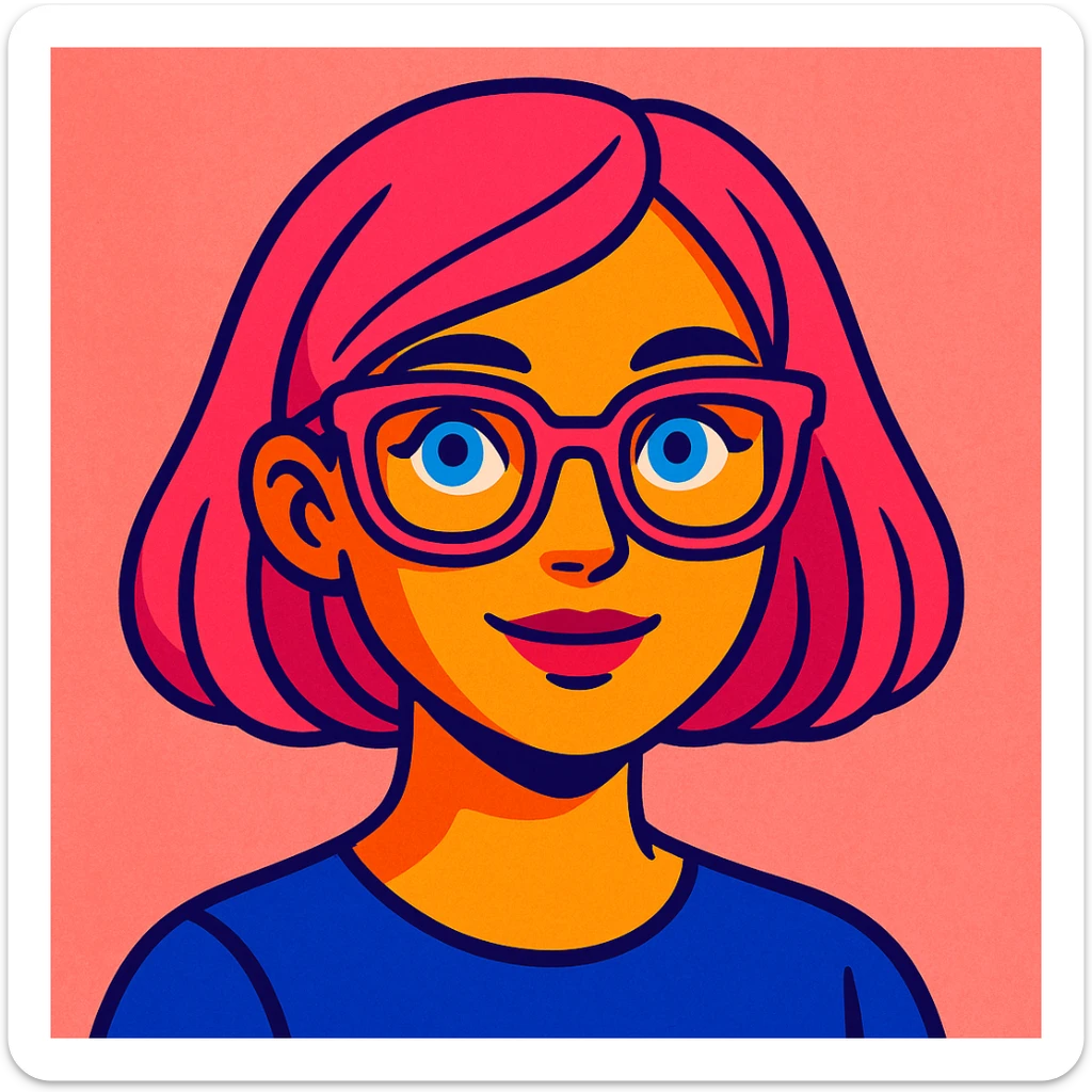 Make her look younger, no fringe on the pink bob haircut, add pink glasses and blue eyes, keep pink salt background, vibrant toon style sticker