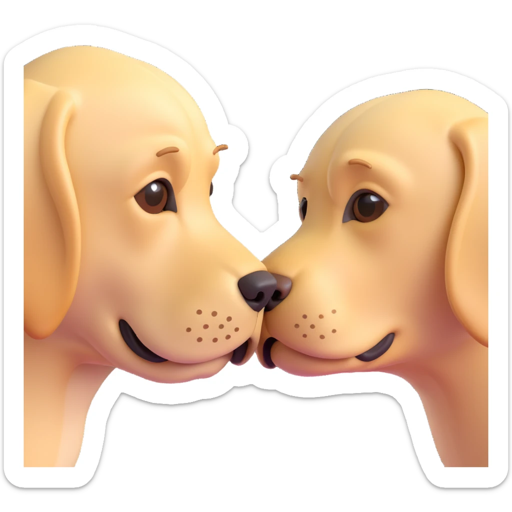 two blonde Labrador retrievers, touching noses as if kissing, 3D emoji style sticker