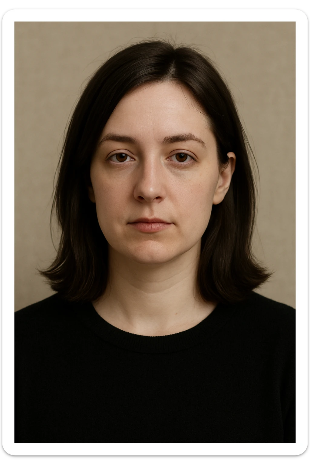 portrait of a white lady with dark brown shoulder length hair, neutral expression, simple background sticker