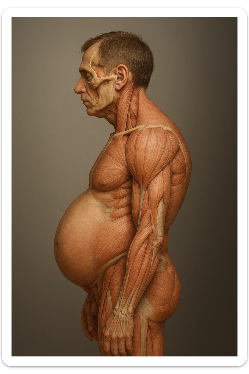 corpo UMANO ANATOMICO di profilo con spalle chiuse in avanti e pancia sporgente, postura errata, iperrealistico 4k sticker