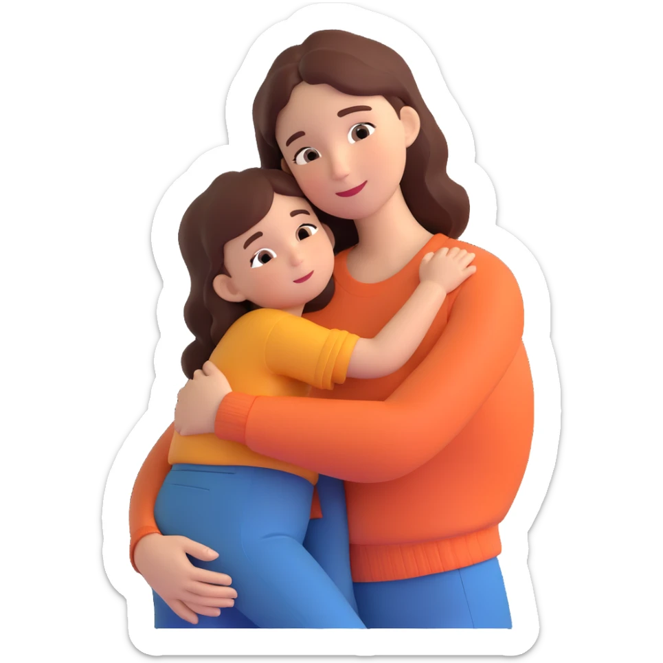 A warm and caring mother figure hugging her child, wearing casual clothes, indoors, cozy atmosphere sticker