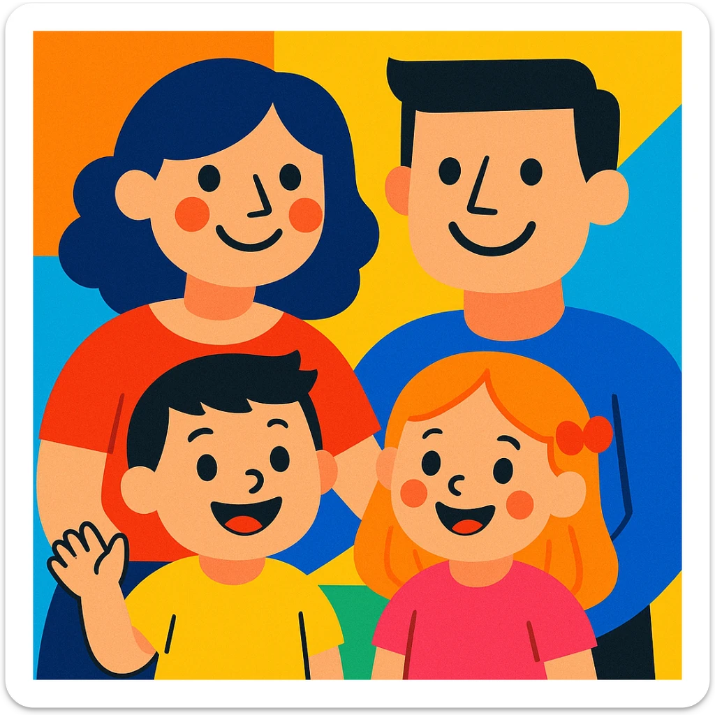 cartoon style small family, two parents and two children, smiling, bright colors sticker