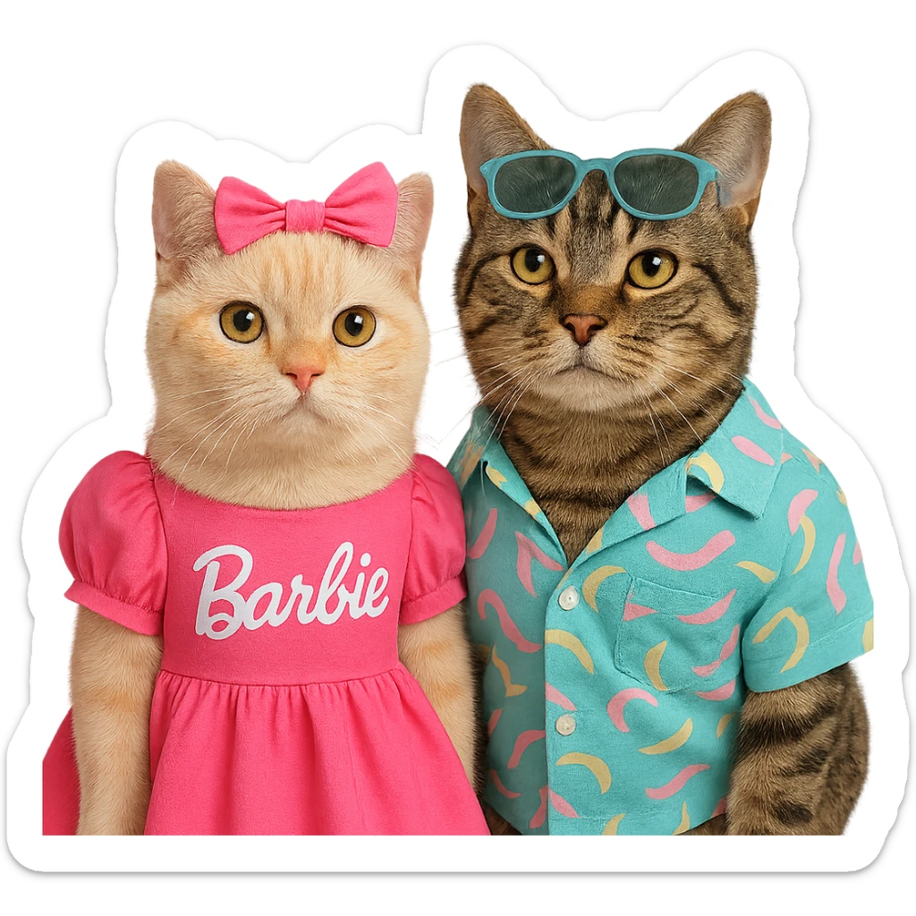 two cats together, one dressed as Barbie in pink, one as Ken in trendy clothes sticker