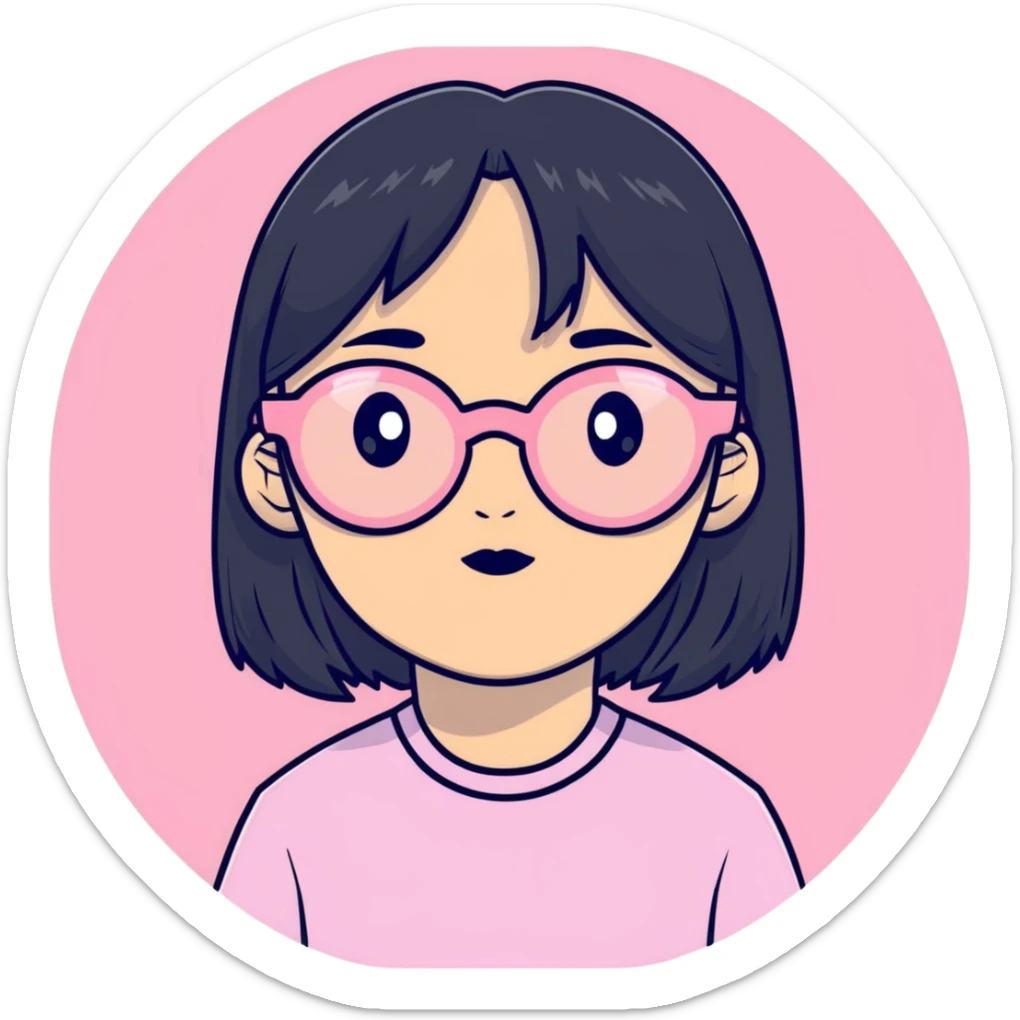 Asian ,girl, black straight hair long,pink round glasses sticker