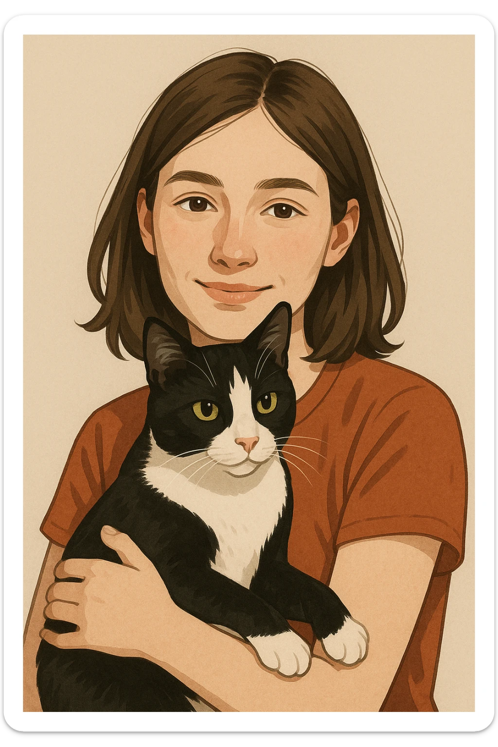 portrait of a white-skinned girl with brown hair holding a black and white cat, natural and warm expression, detailed face, affectionate look of the cat, simple background, modern illustration style sticker