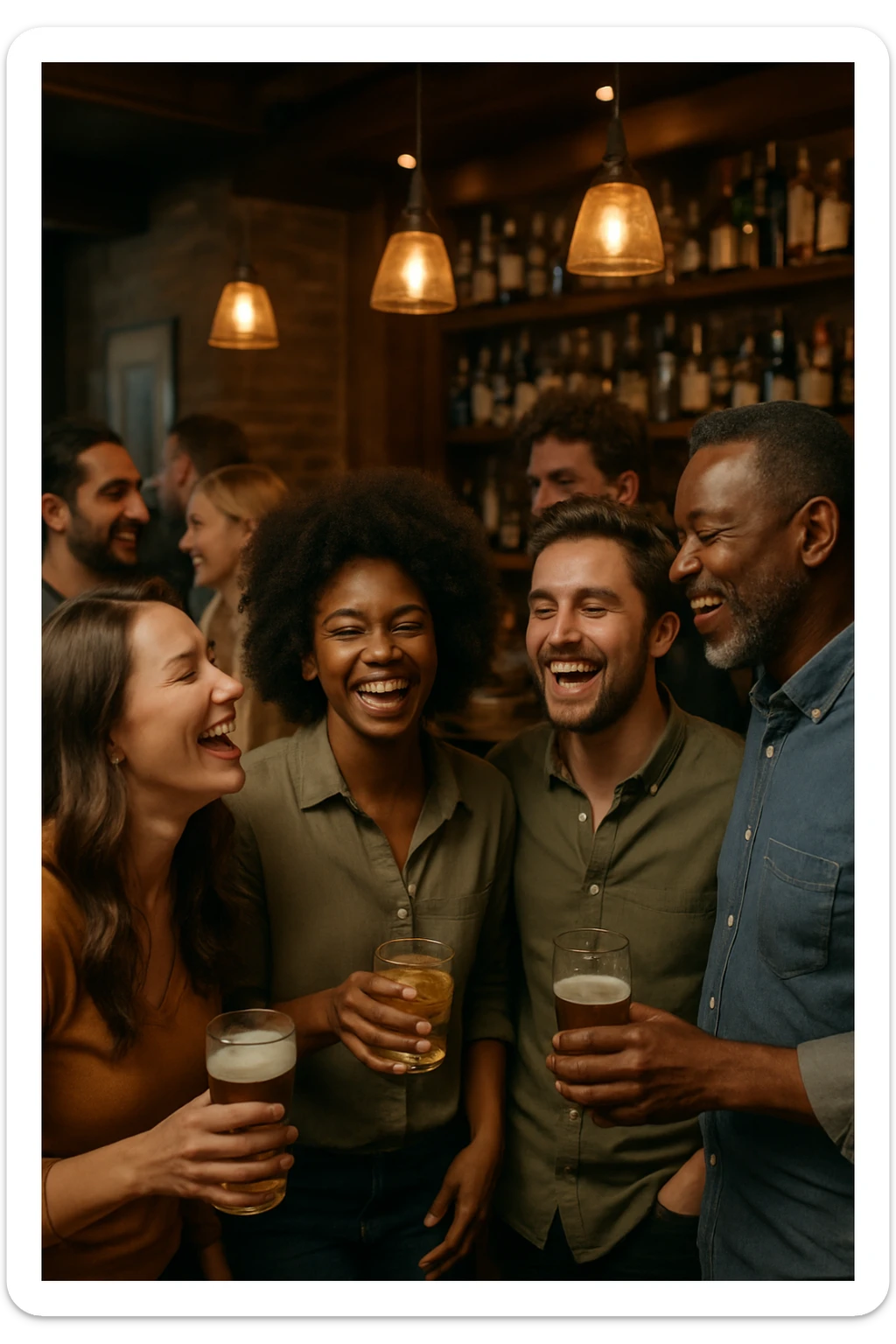 A realistic bar party scene with a diverse group of people socializing, laughing, and holding drinks, set in a cozy bar with warm lighting and wooden decor, 9:16 aspect ratio. sticker