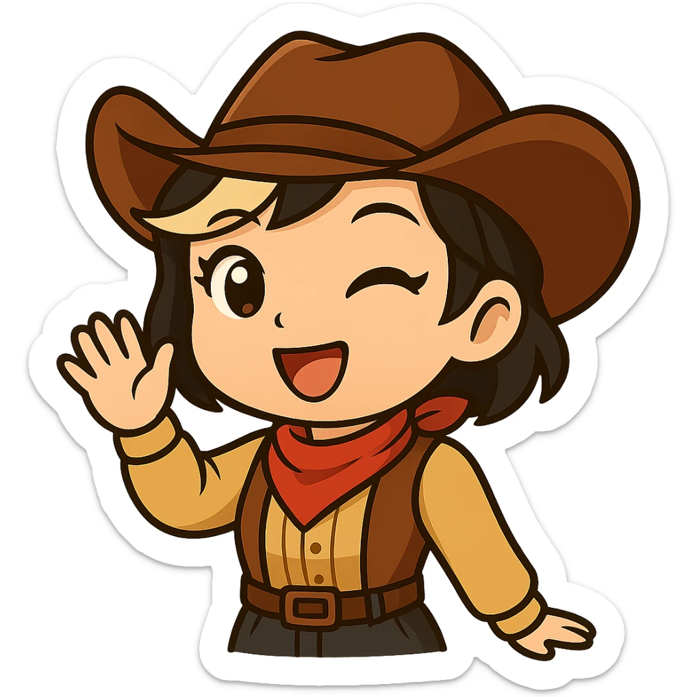 Chibi cowgirl with short hair and a blonde streak, wearing a cowboy hat and western outfit, no guns, chibi/anime style, transparent background, sized for Twitch or Discord use. Pose: waving with one hand, cheerful expression. sticker
