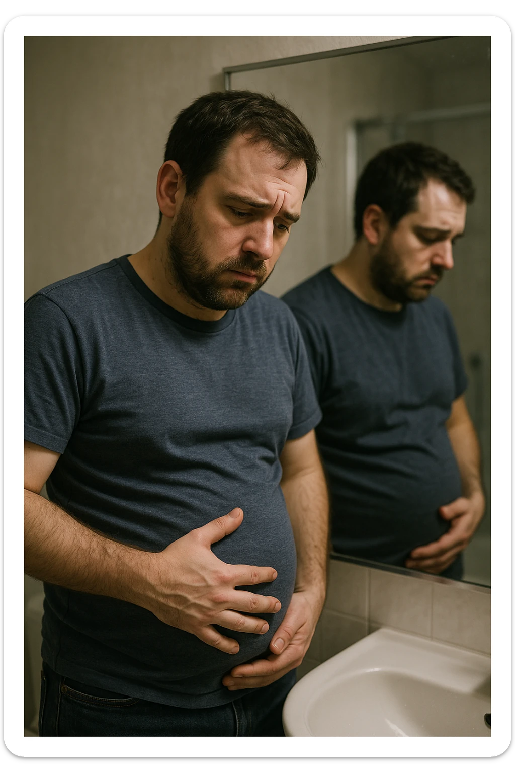 uomo che si guarda allo specchio triste mentre si tocca la pancia, pensieroso, iperrealistico 4k sticker