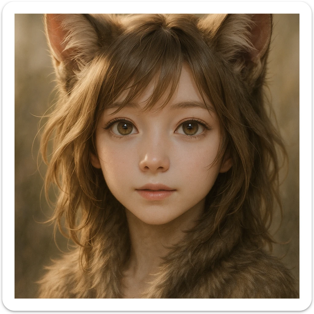 realistic catgirl, anime style, natural skin and fur blend, bright eyes, delicate expression sticker