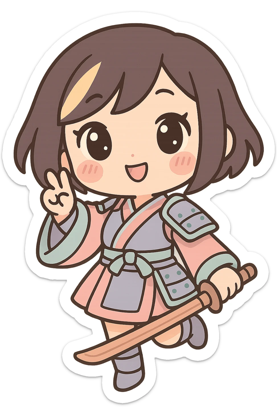 chibi style kawaii samurai girl with short hair and one streak of blonde in her hair, playful pose, kimono with armor accents, blushing cheeks sticker