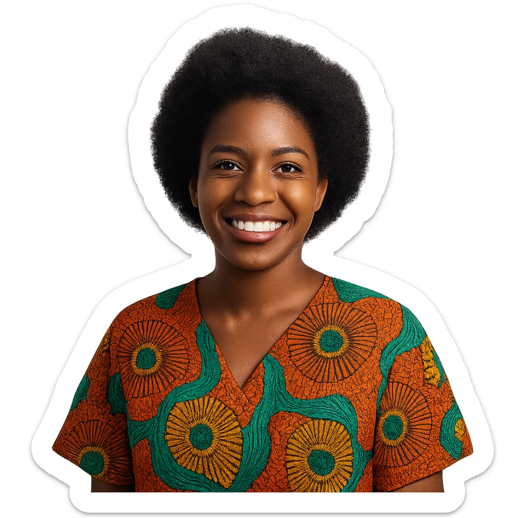 a Nigerian Black woman smiling with friendly expression, natural hair, vibrant clothing, clear background sticker