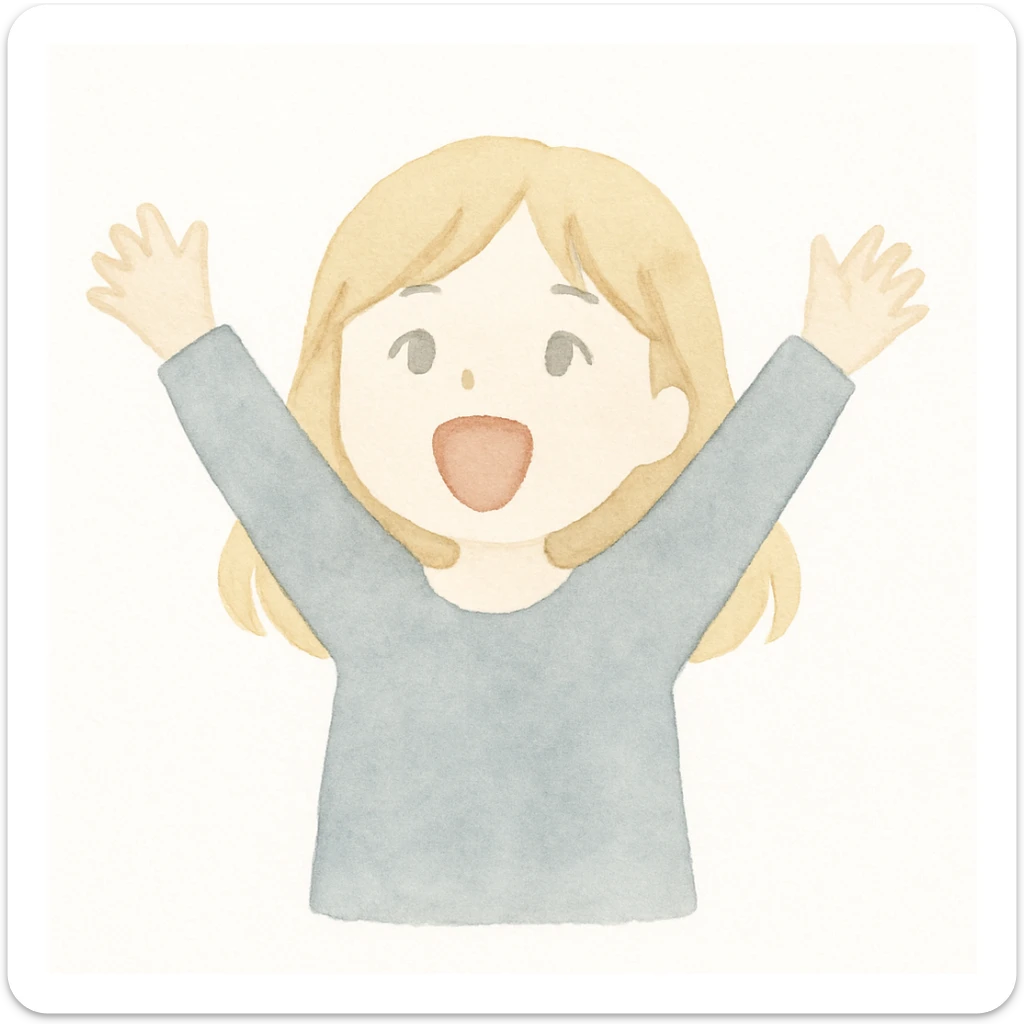 excited girl with blonde hair, pale skin, and silver eyes, soft watercolor style sticker