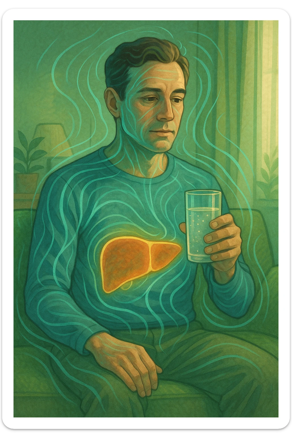 A man in a calm domestic environment, sitting with a transparent bottle or glass in hand containing an Epsom salt solution. He has a focused and aware expression. His body is partially transparent, with the liver highlighted brightly as if in a cleansing phase. Around the body, fluid energetic lines symbolize detoxification. The atmosphere is relaxed and natural, with warm light and green and blue tones representing health and purification. sticker