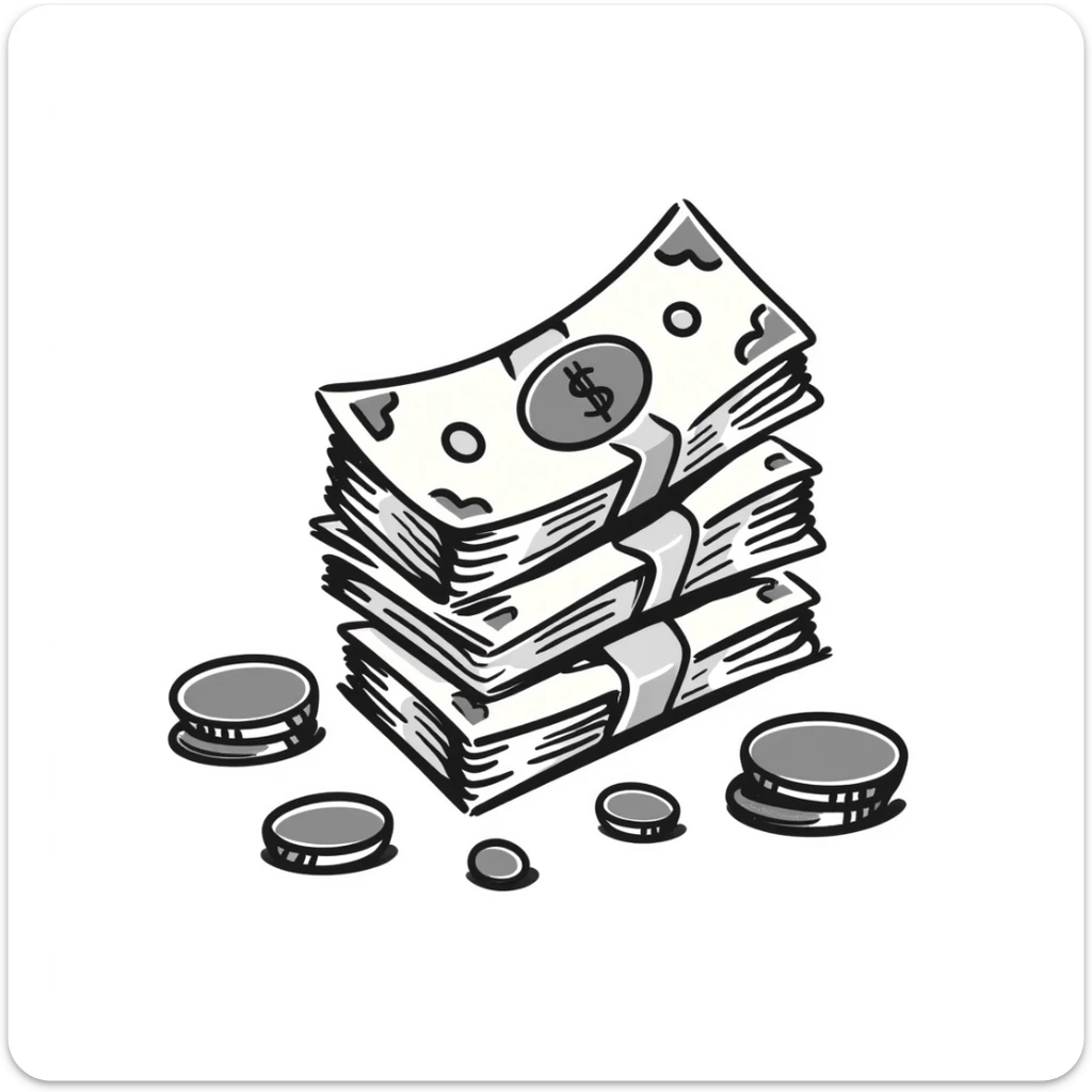 Money bills and coins, cash currency in pastel colors (dd9fb0, ffc6d3, a3bfc9, c4bee2, f1b091), hand-drawn doodle style sticker