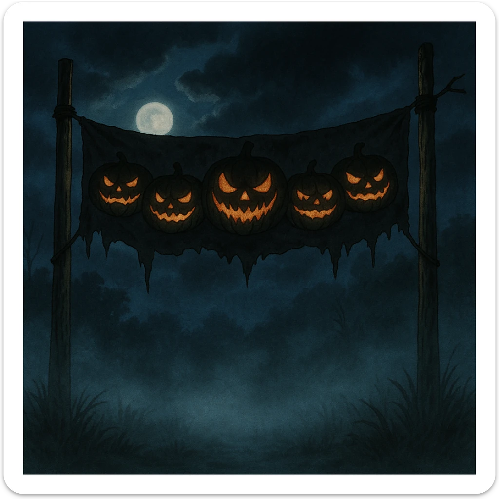 creepy banner, sinister jack-o-lanterns with twisted grins, foggy night, Halloween horror style sticker