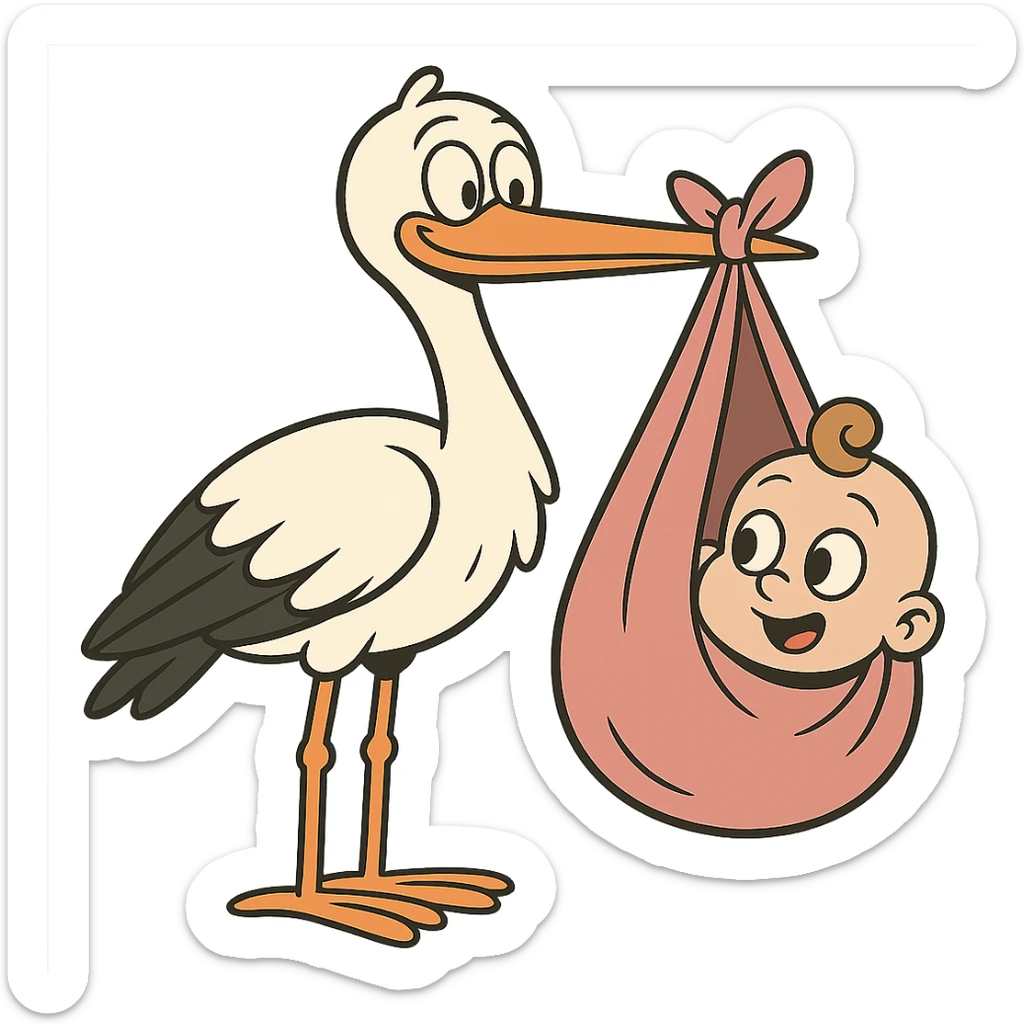 stork with a baby peeking out of a pink bundle in flat toon style sticker
