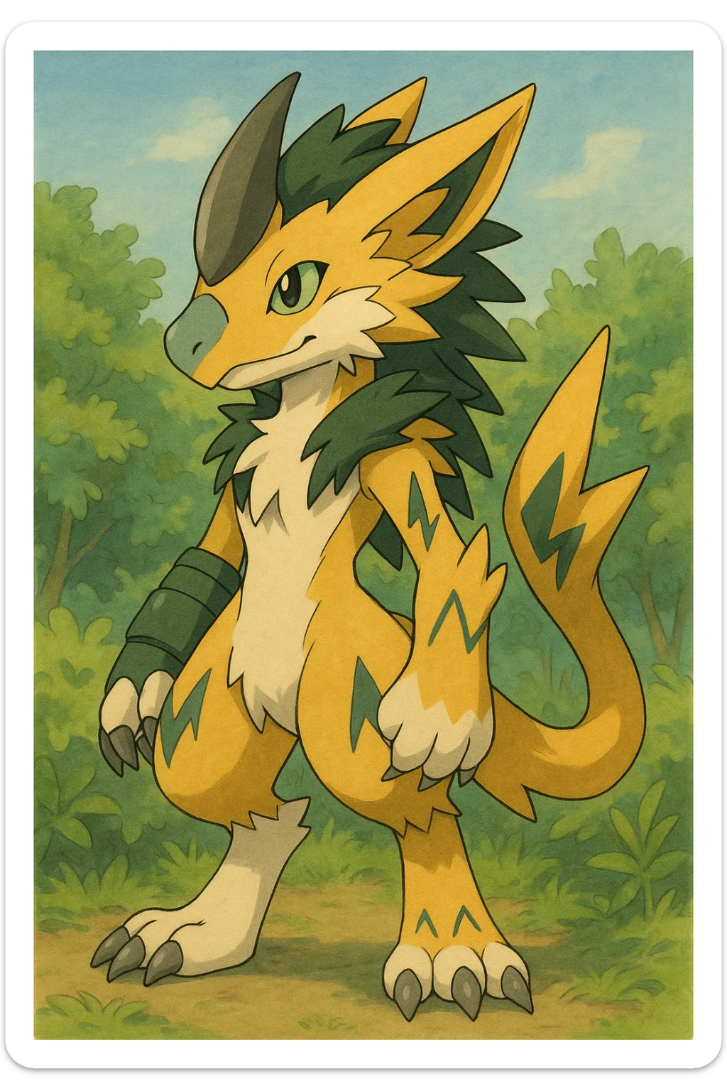 Sergal-Protogen-Trico-Renamon-Lombax-Zeraora-Vernid-fusion-hybrid-creature, drawn in a Pokémon/Digimon style sticker
