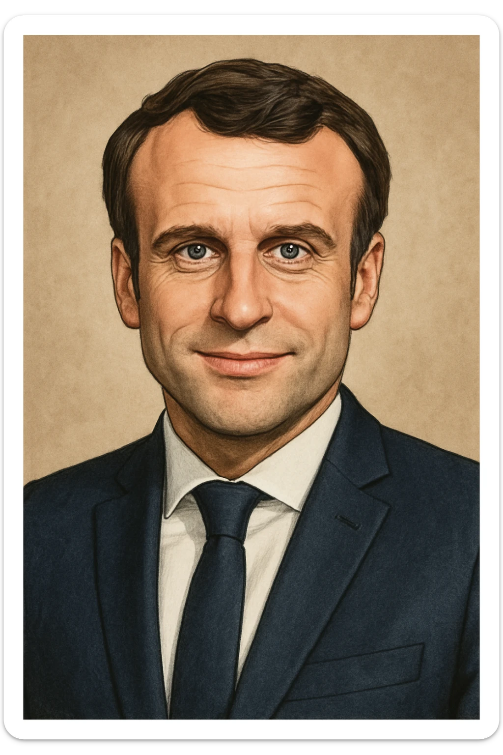 realistic cartoon portrait of Emmanuel Macron, French president, wearing a suit and tie, confident expression sticker