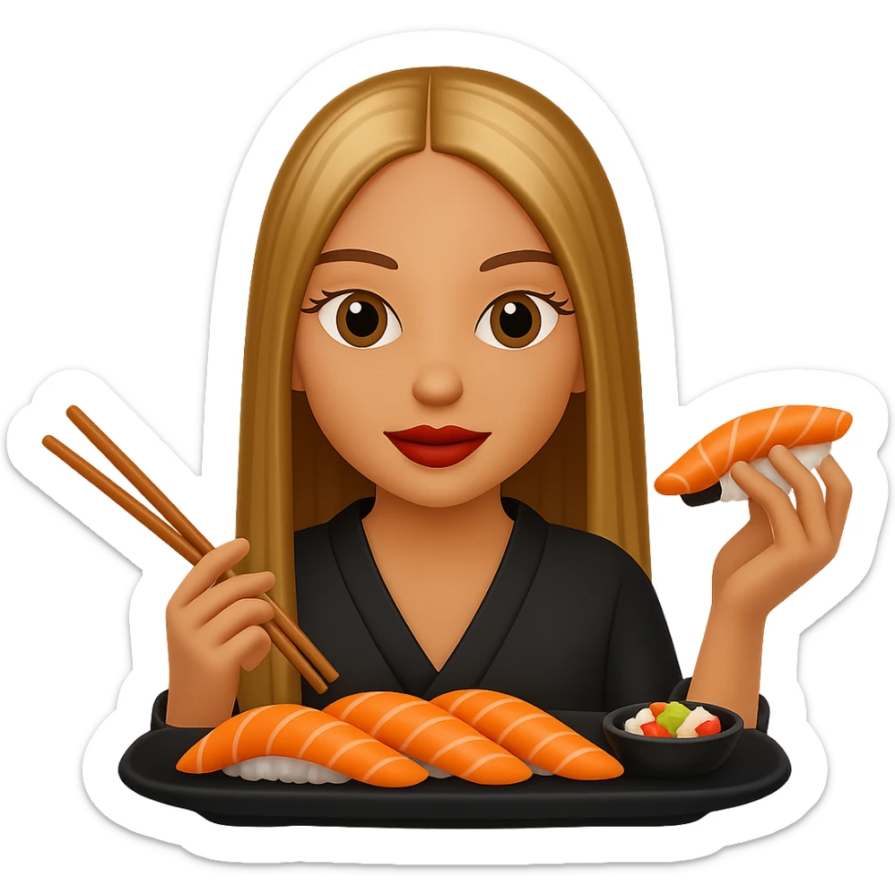 Edit the image of a girl eating sushi to have long straight hair. Keep the same style as the original image. Remove the background. sticker