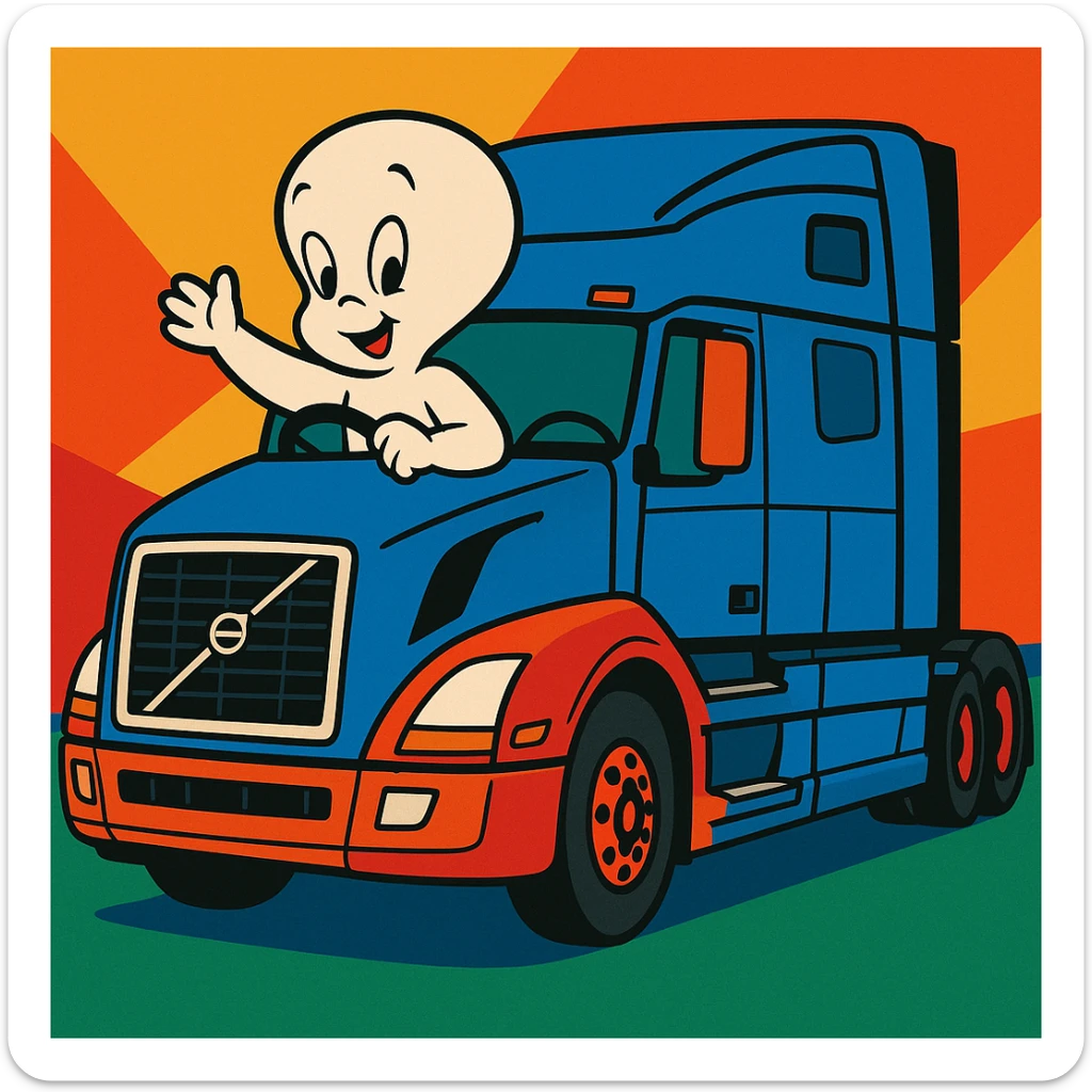 Casper the ghost driving a 2022 Volvo sleeper semi truck, vibrant toon style sticker