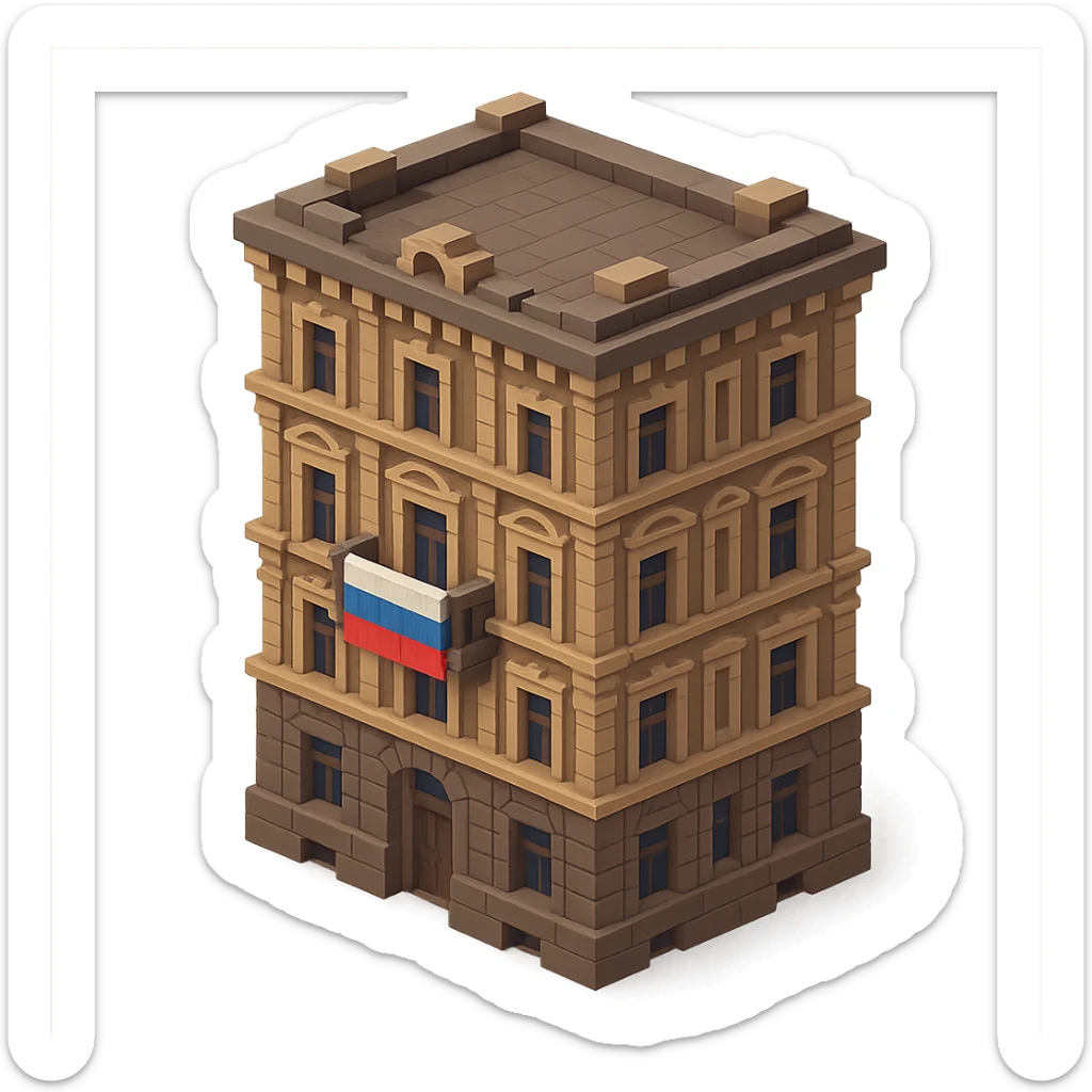 old Saint Petersburg building in voxel style, gray-brown tones, ornate facade, Russian flag draped over a balcony, isometric view sticker