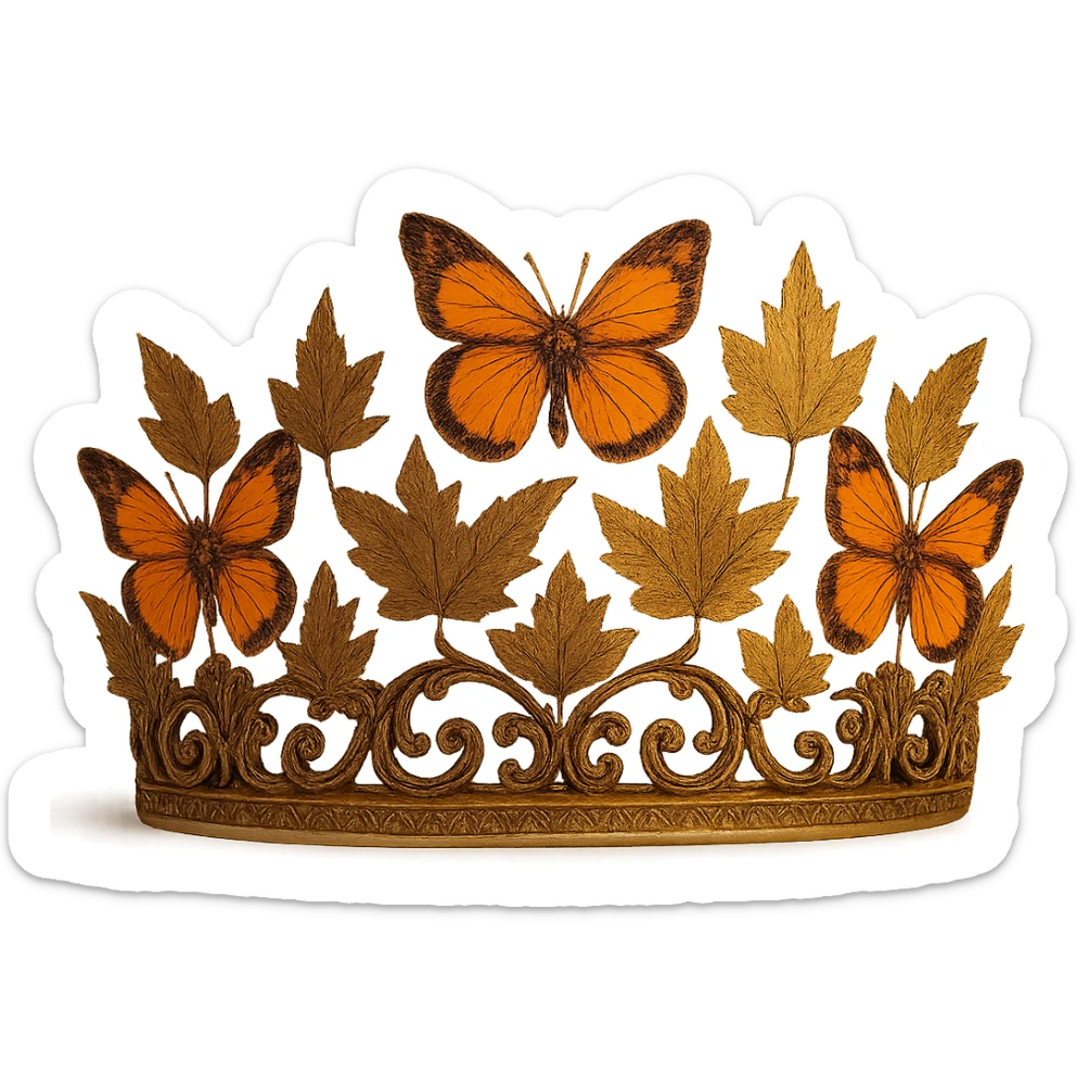 butterfly crown in antique bronze with orange butterflies and autumn leaves, vintage and warm sticker