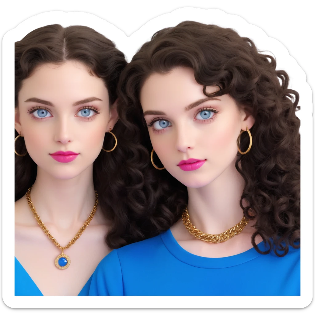 attractive couple in nightclub, colorful lights, woman with big blue-grey eyes, long lashes, pale skin, pink lips, long voluminous dark brown curls, gold hoop earrings, tiniest possible top barely covering, next to handsome man with intense blue-grey eyes, chiseled features, pale skin, confident smirk, dark brown styled hair, gold chain, minimally dressed showing maximum skin, dancing intimately sticker