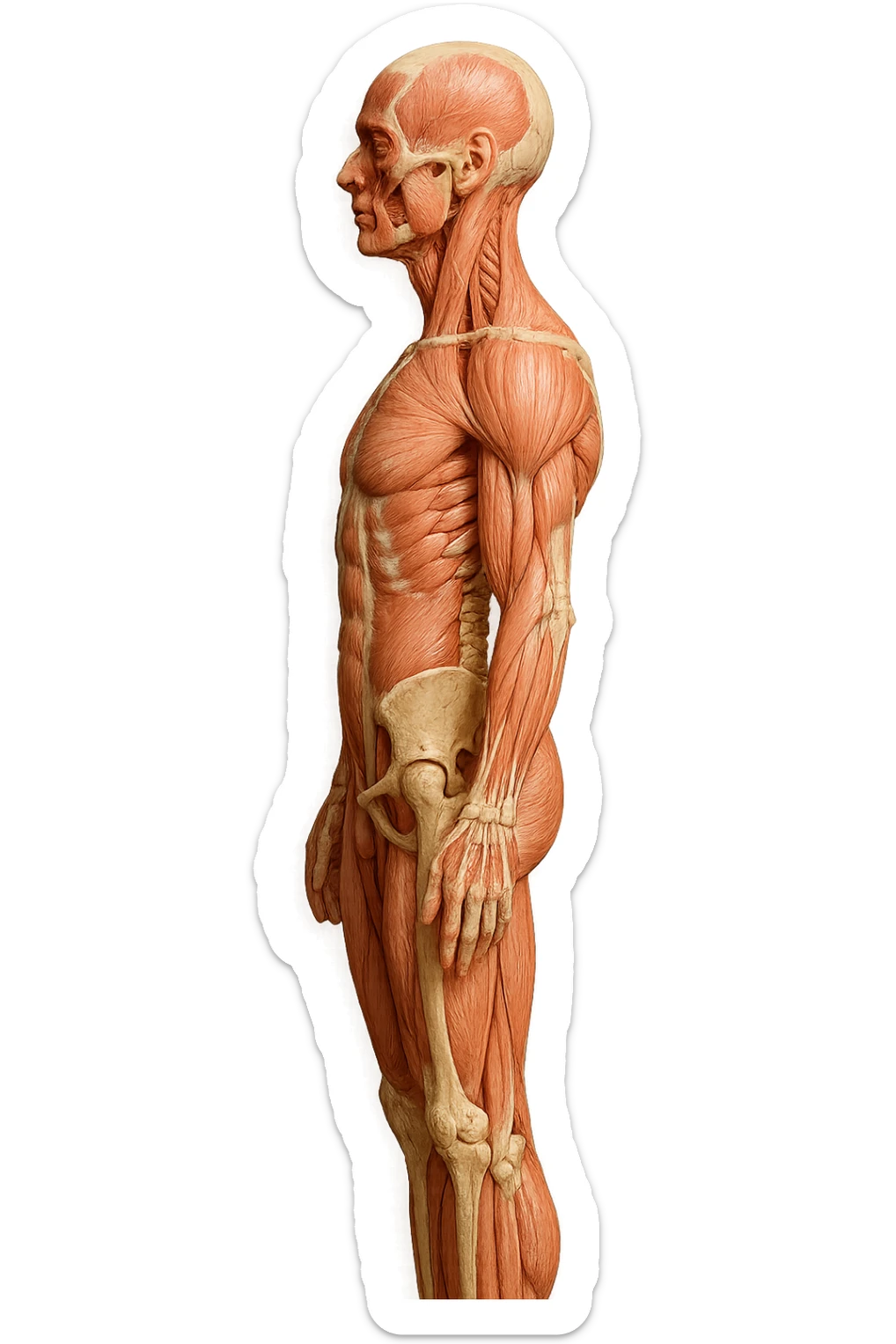 CORPO UMANO ANATOMICO REALISTICO DI PROFILO CON CURVA LOMBARE PIATTA, iperrealistico 4k sticker
