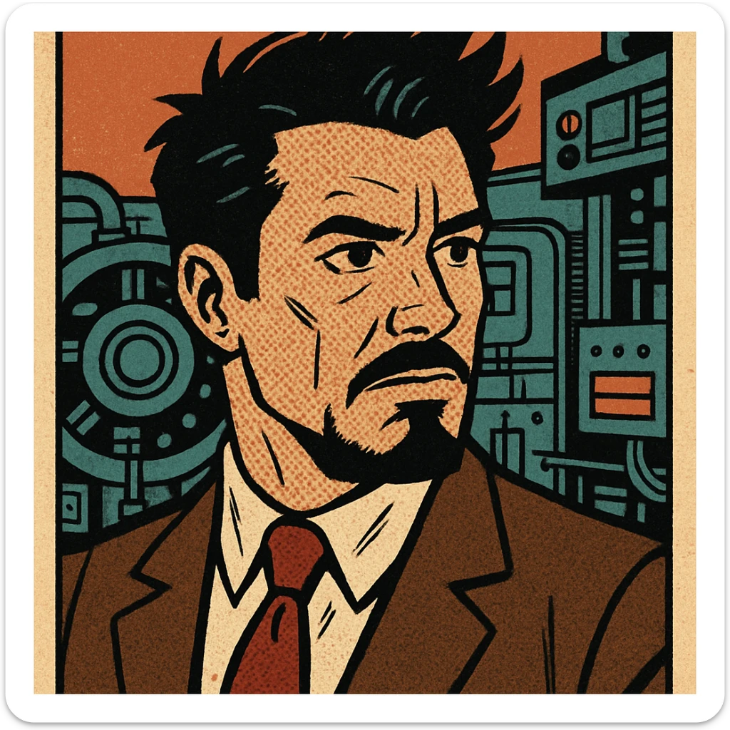 comic book style Tony Stark with spiky hair, facial hair, high-tech background sticker