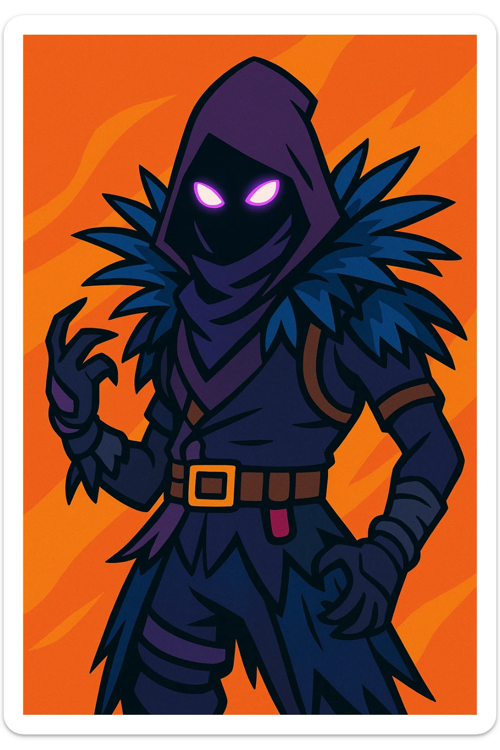Fortnite skin Raven with dark feathers, glowing purple eyes, mysterious stance, vibrant toon style sticker