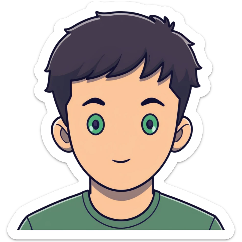 man with dark messy short hair, dark green eyes, wearing a gray t-shirt sticker