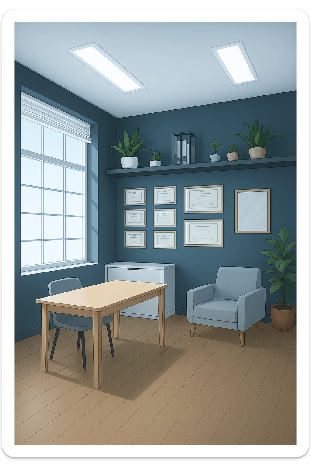 faMMI QUESTA STANZA STILE MANGA/WEBTOON A COLORI SENZA LE PERSONE E SENZA LETTINO, SOLO LA STANZA. FALLA MOLTO PIù LUMINOSA CON LUCI PIù FREDDE E MODERNE, NON LUCI GIALLE sticker