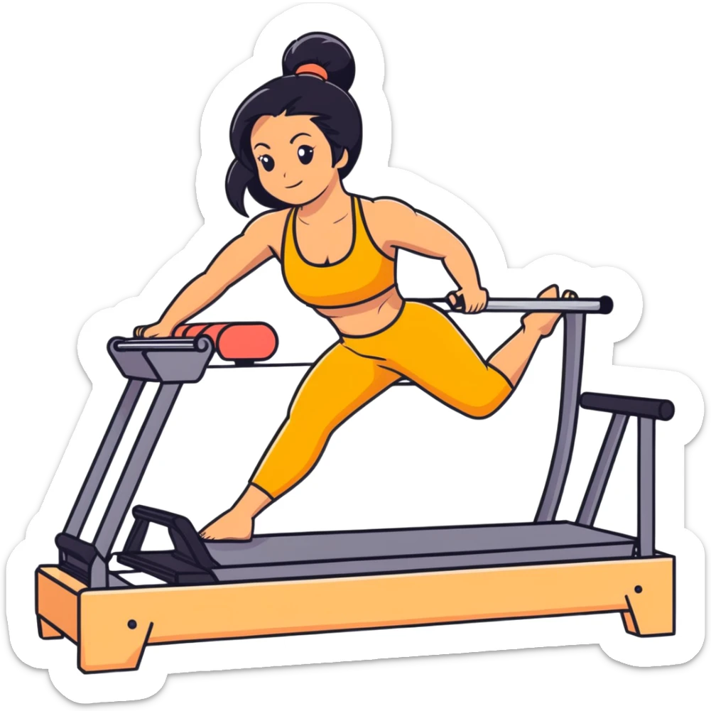 woman with tanned skin, long black hair, wearing a sports bra, doing exercise on a Pilates reformer machine sticker