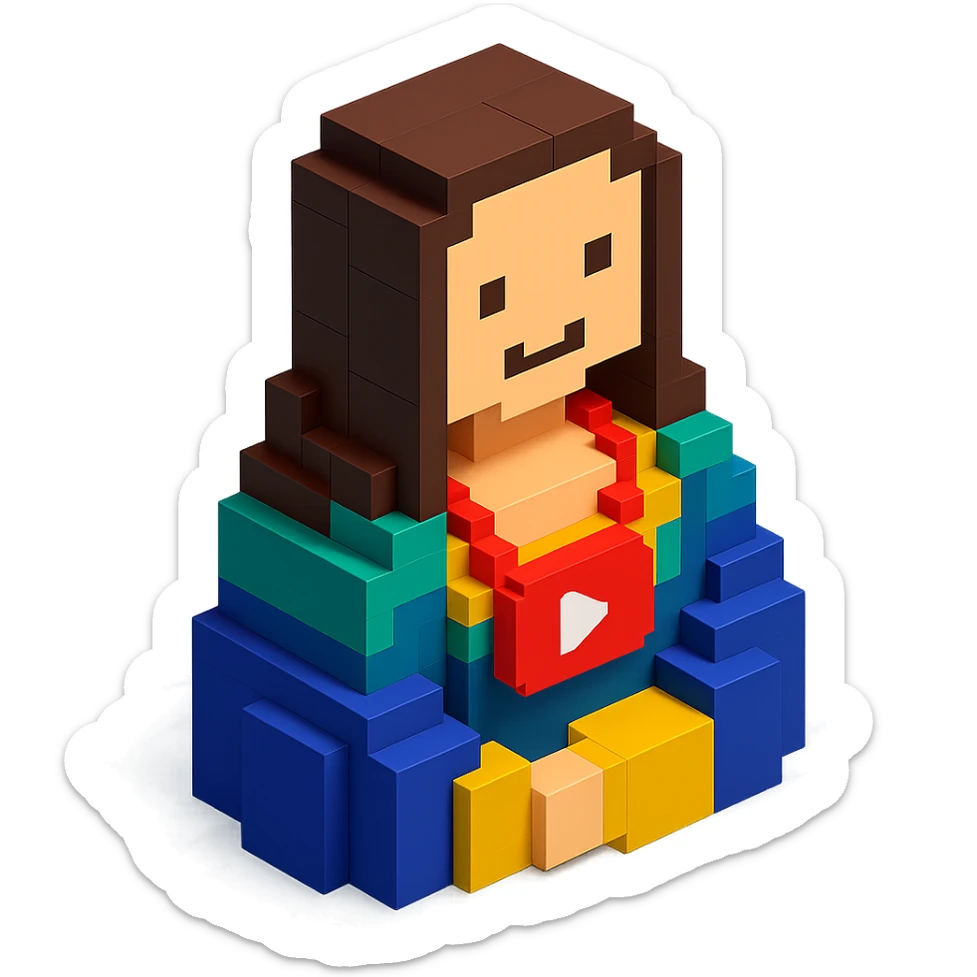 voxel-style Mona Lisa with a YouTube play button necklace, isometric view sticker